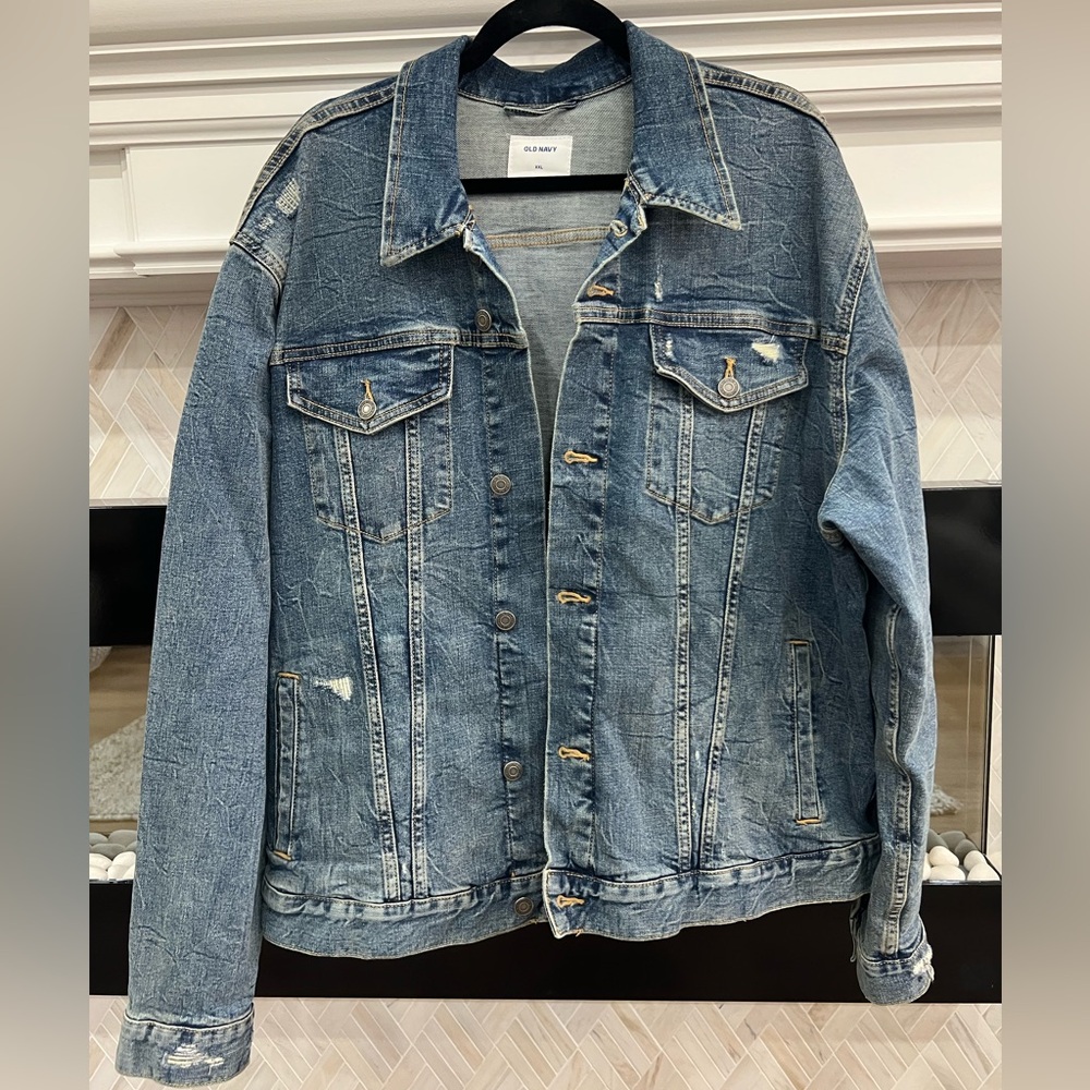 Old Navy Blue Denim Jacket with Contrast Stitching and Distressing 2XL